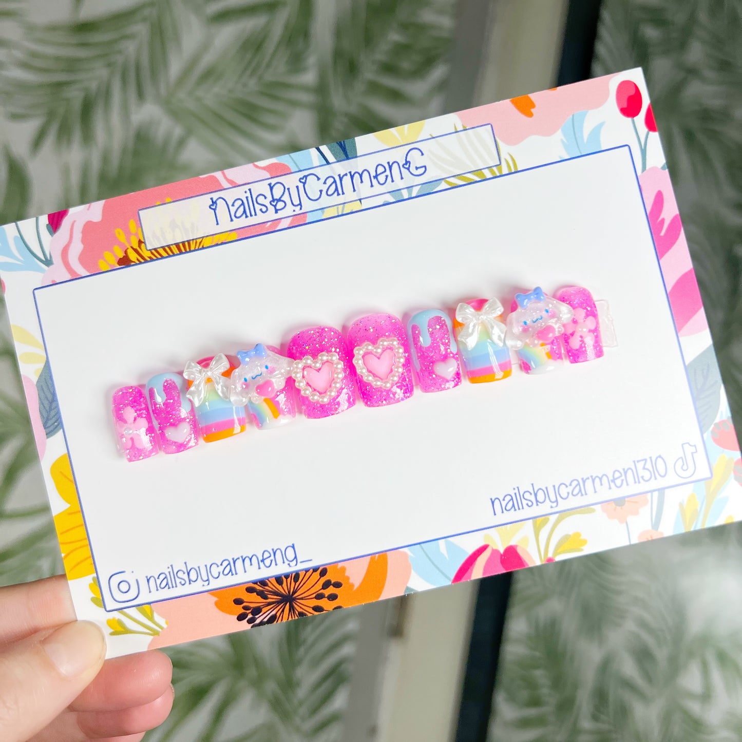 Cinnamo bows and pearls charms Acrylic Press on nails