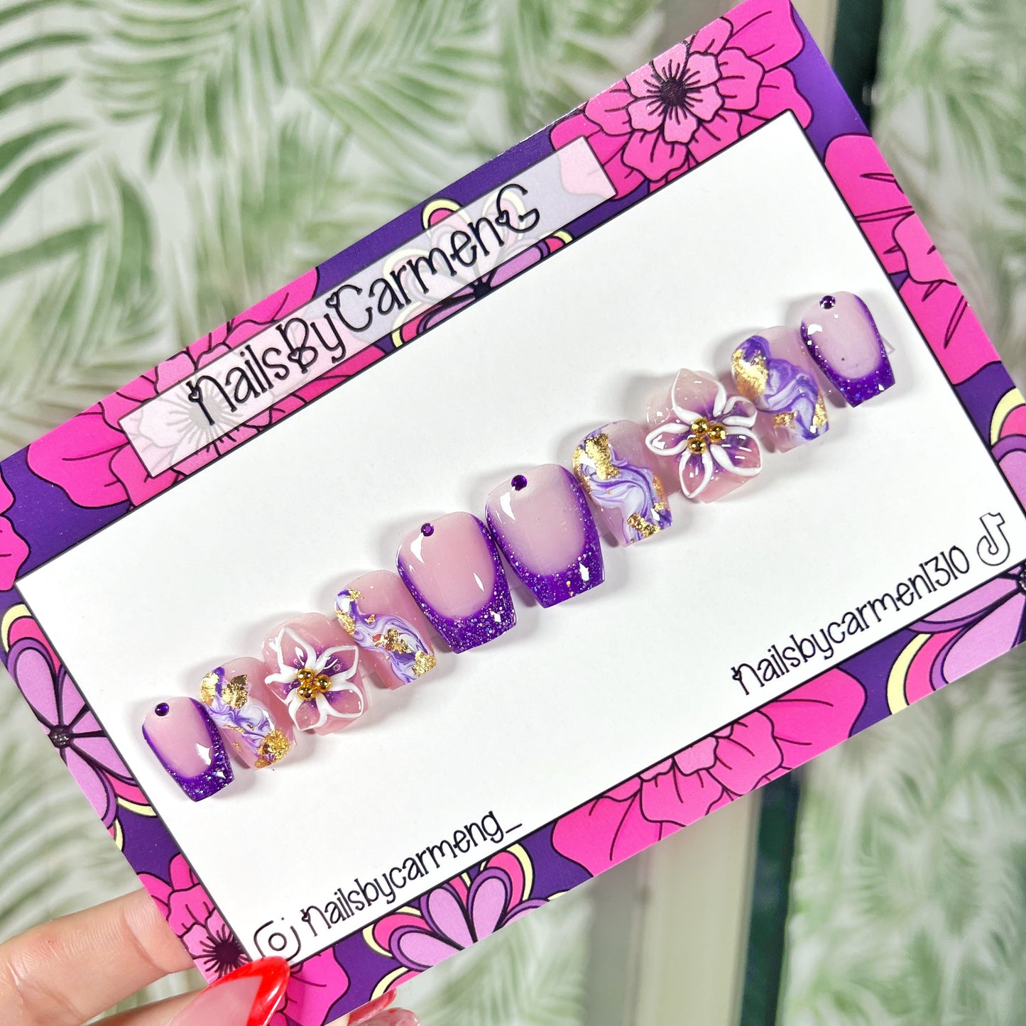 Purple glitter 3D flower Acrylic Press on nails