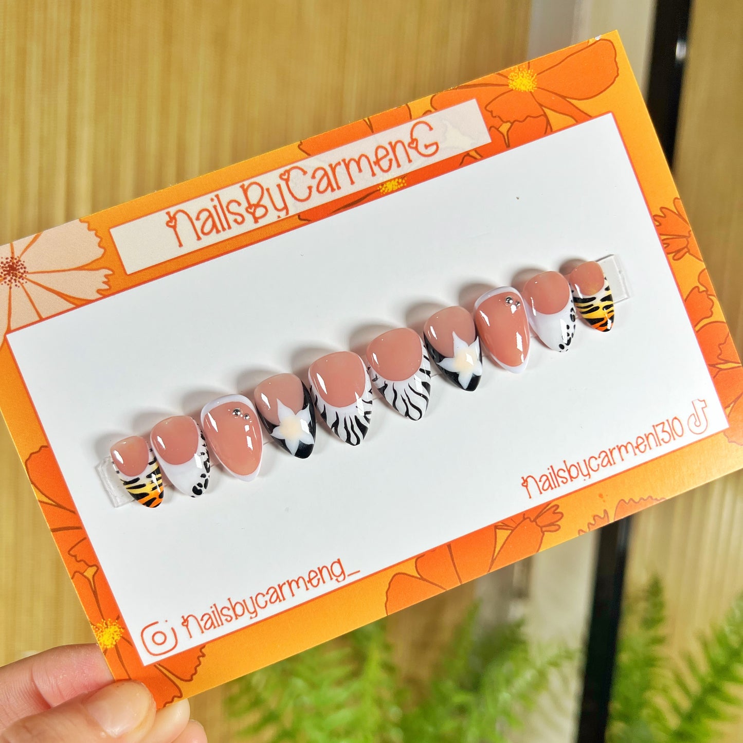 Flower animal print French tip Acrylic Press on nails