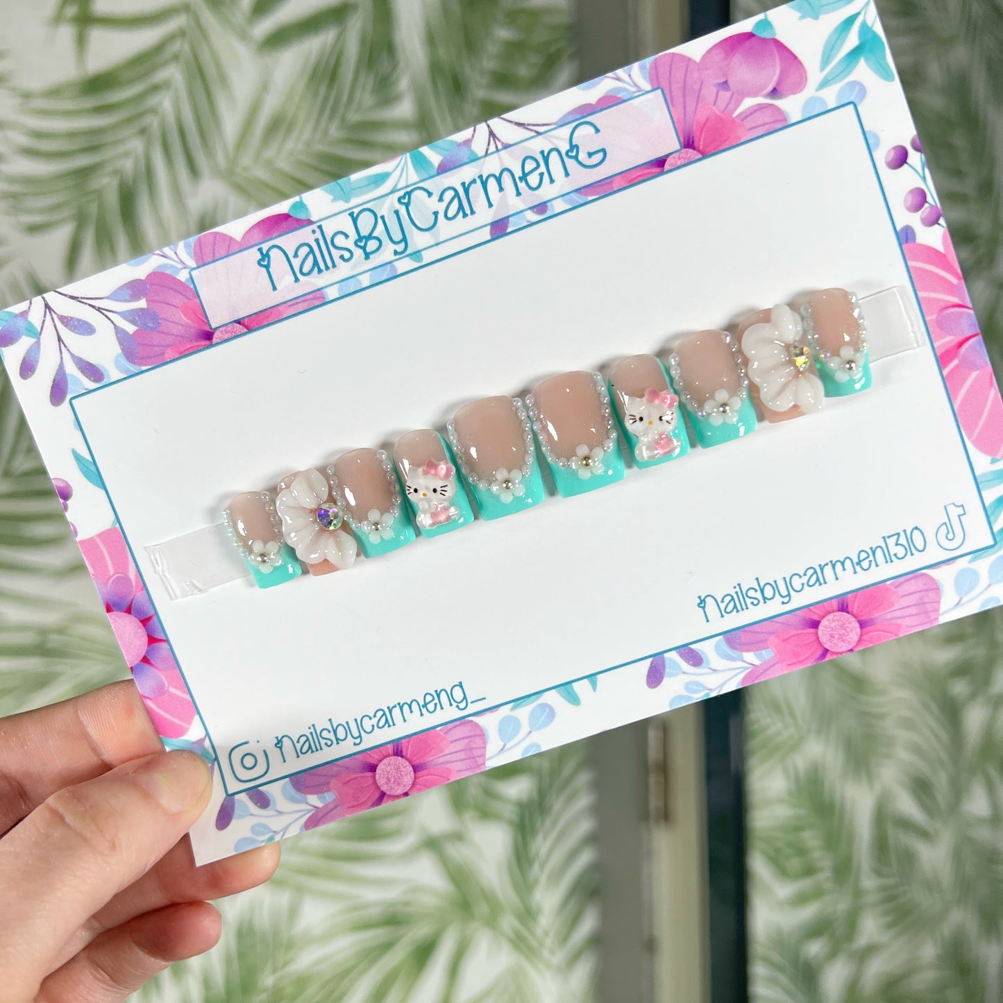 3D Teal Hello Kitty Acrylic Press on nails