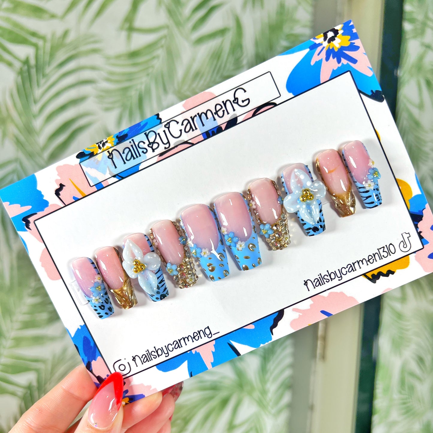 3D blue and gold flower Acrylic Press on nails