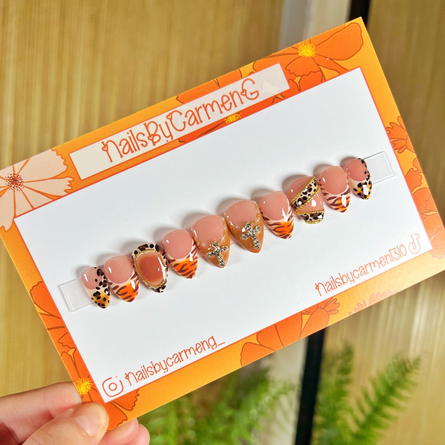 Orange cross animal print French tip Acrylic Press on nails