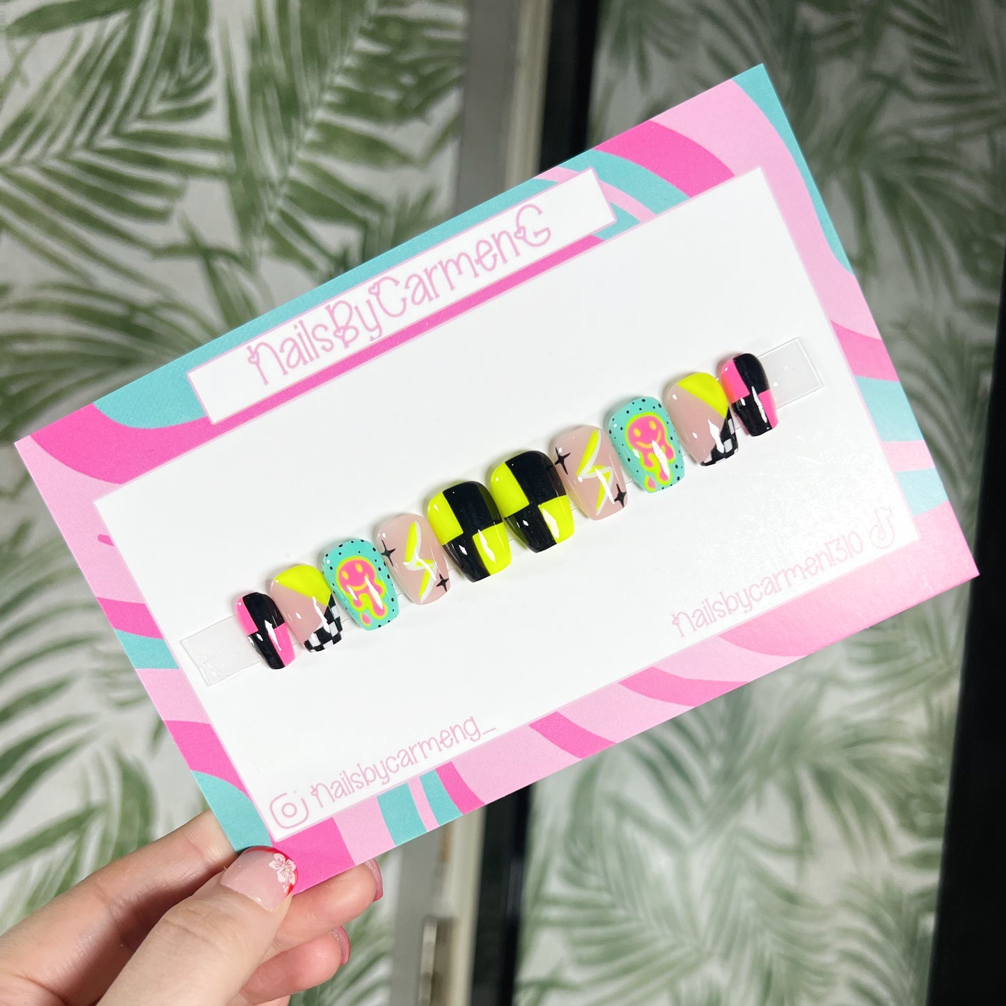 Neon yellow checkered smoke drip Acrylic Press on nails