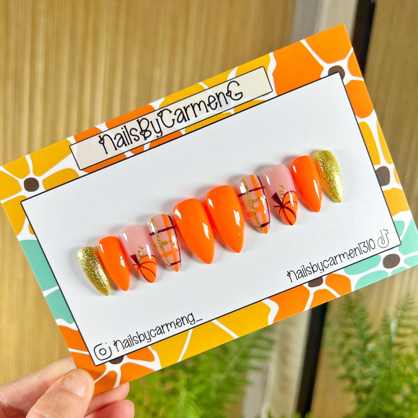 Pumpkin plaid French tip Acrylic Press on nails