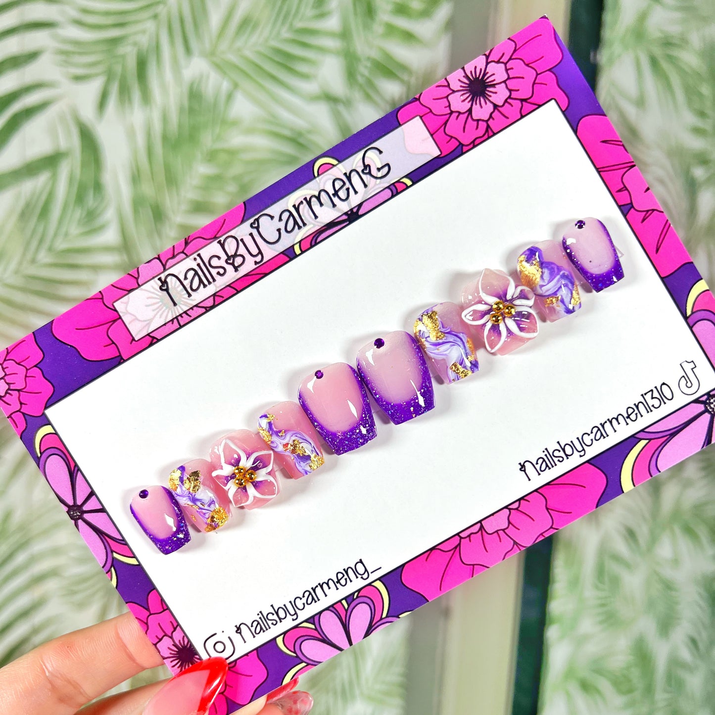 Purple glitter 3D flower Acrylic Press on nails