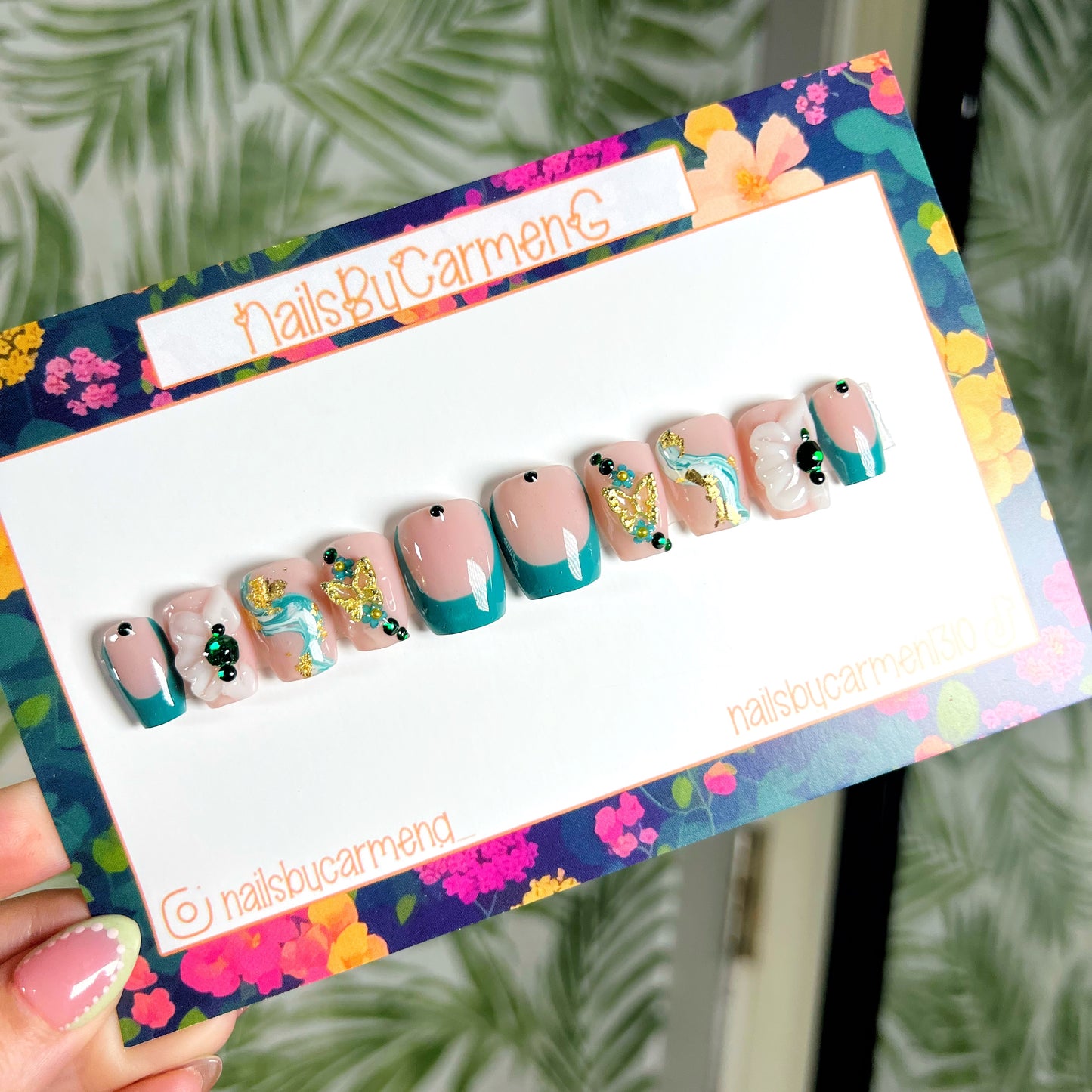 Green marble 3D flower Acrylic Press on nails
