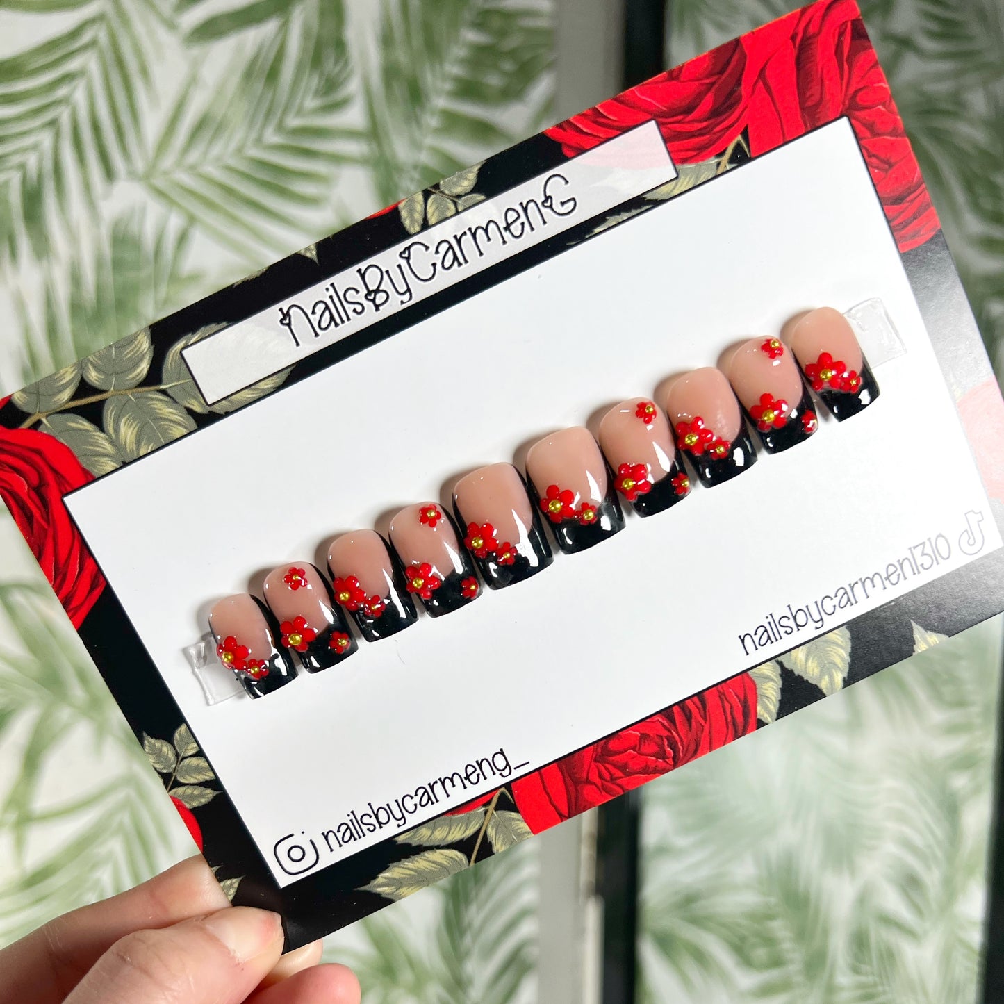 Black and Red Flower Charms Acrylic Press on nails