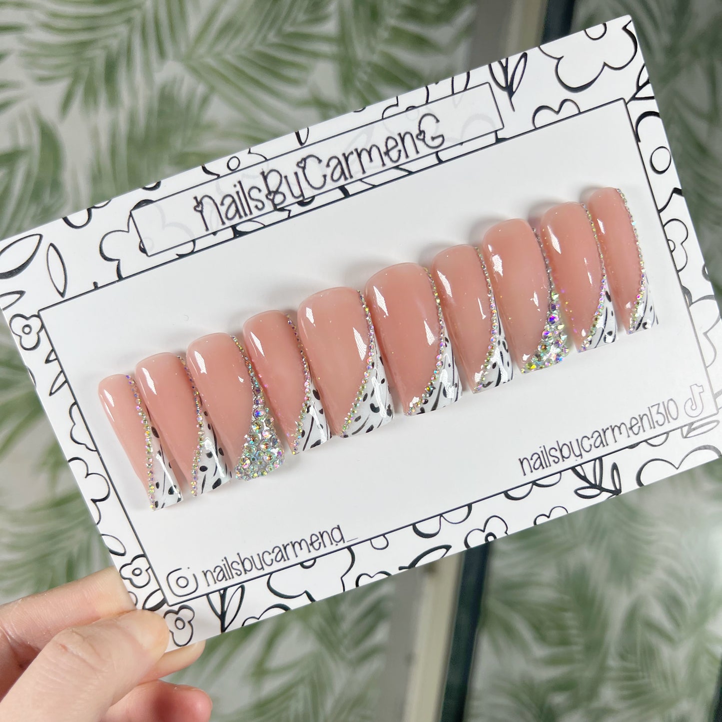 White black rhinestone French tip Acrylic Press on nails