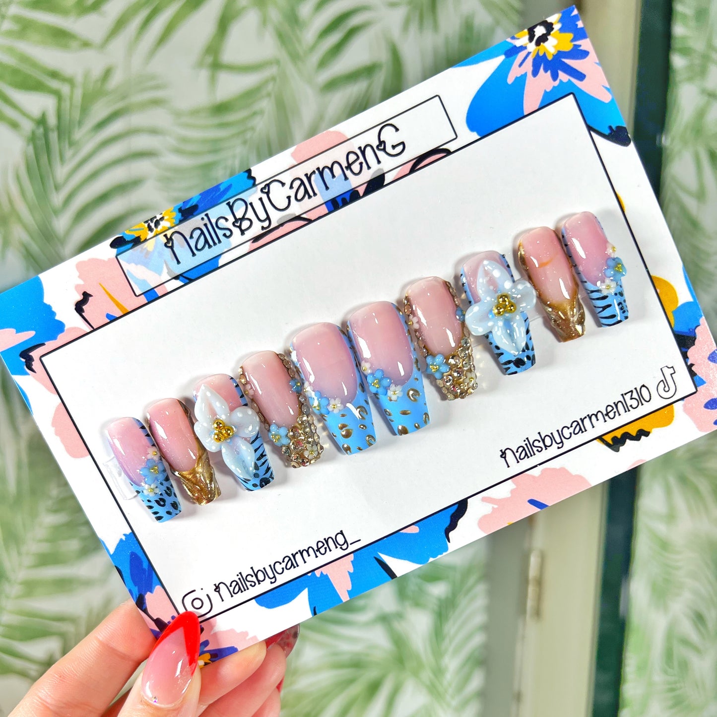 3D blue and gold flower Acrylic Press on nails