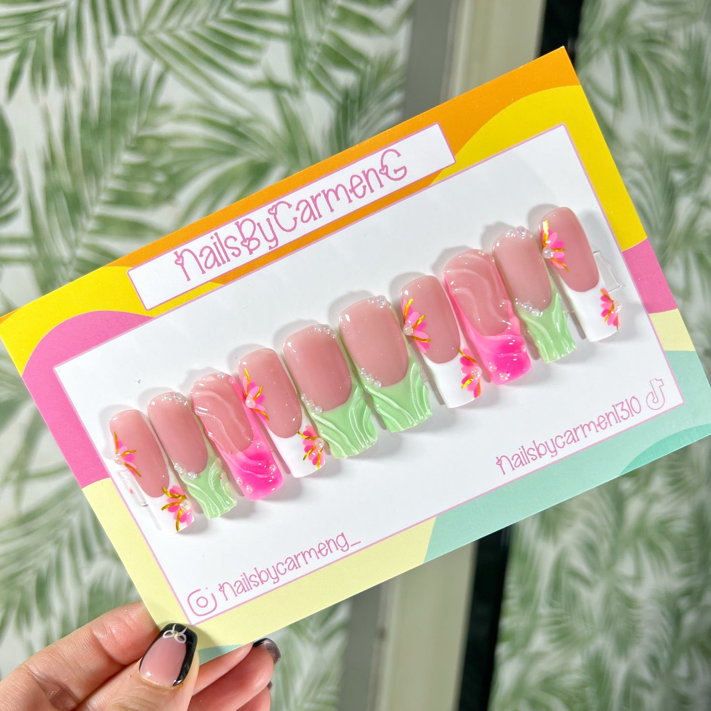 Pastel green spring floral Acrylic Press on nails