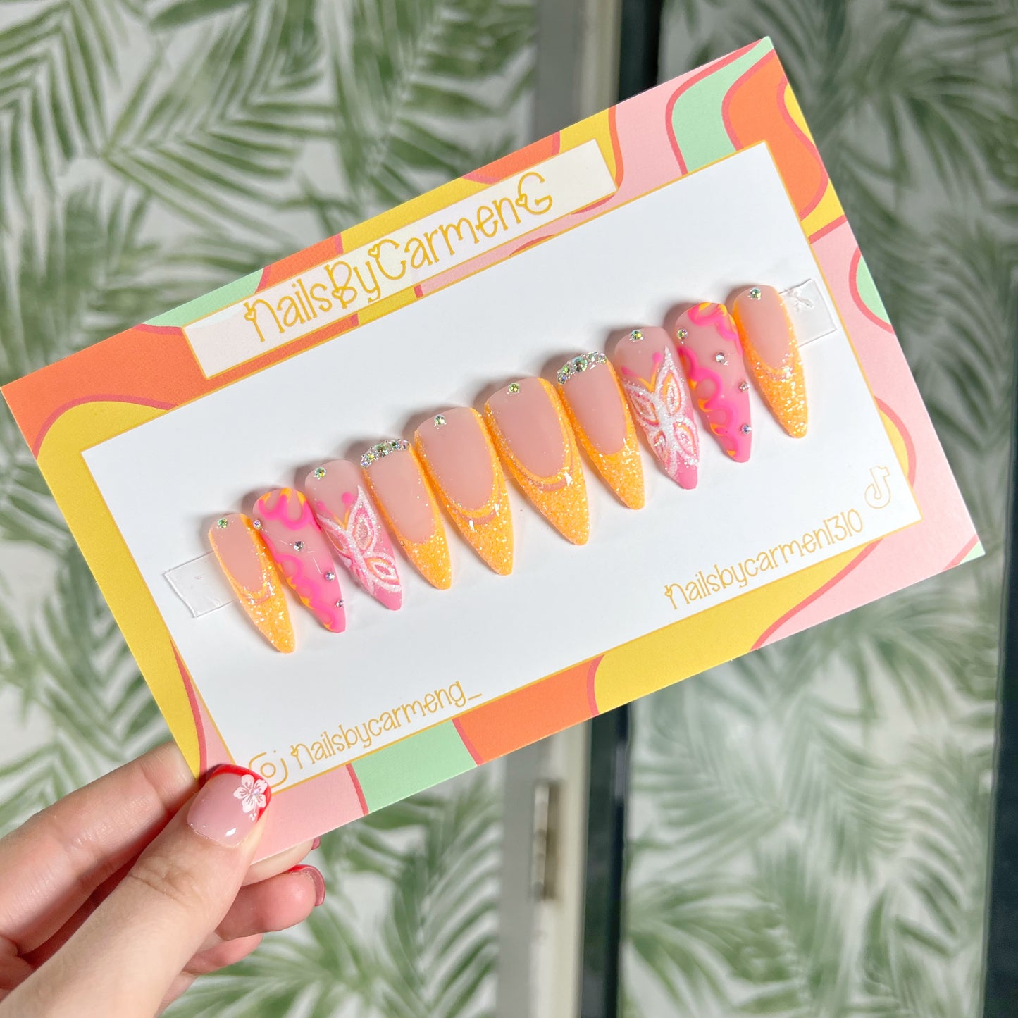 Pink and orange glitter butterfly Acrylic Press on nails