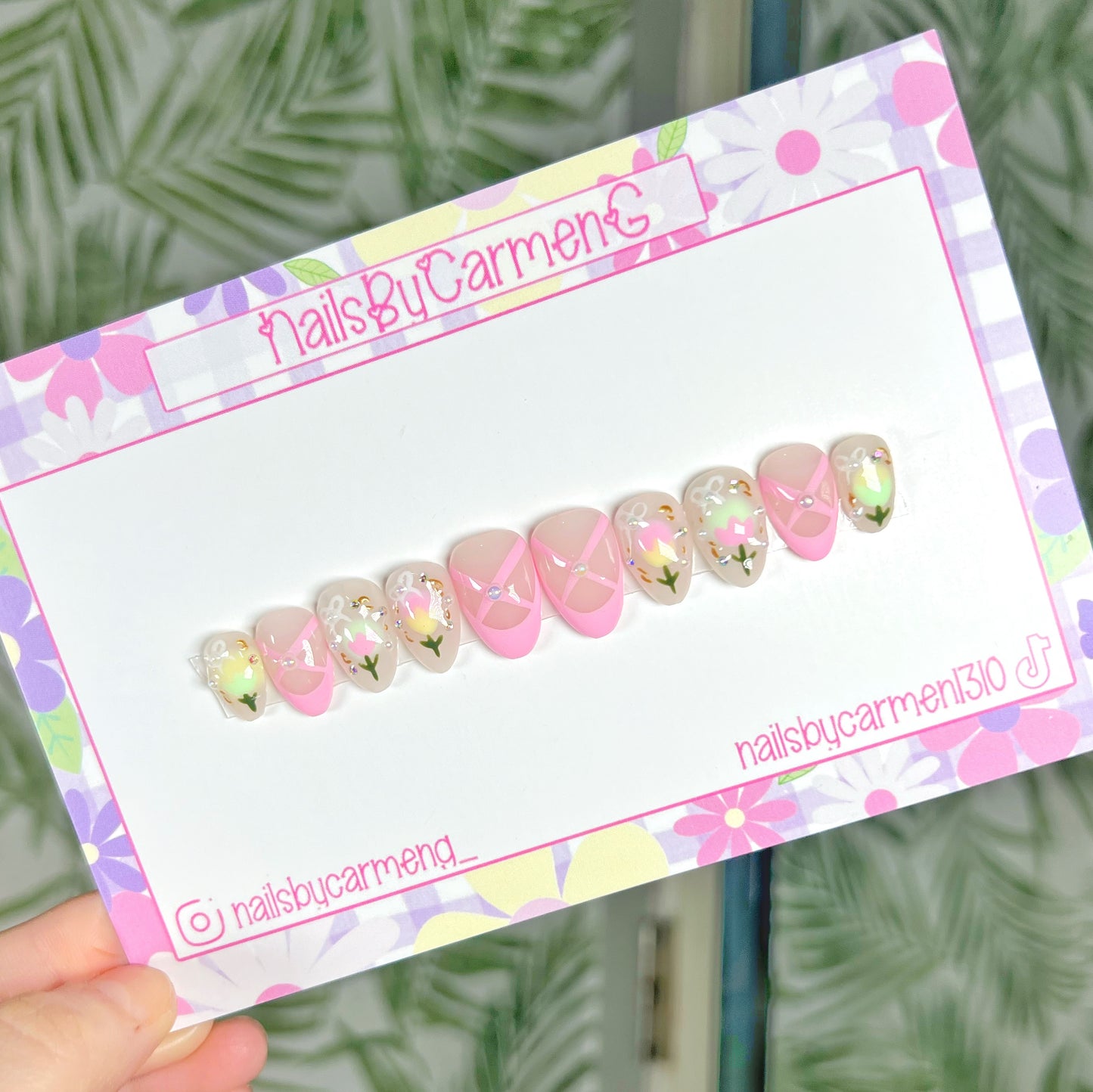 Pink Ballerina French tip and tulips Acrylic Press on nails
