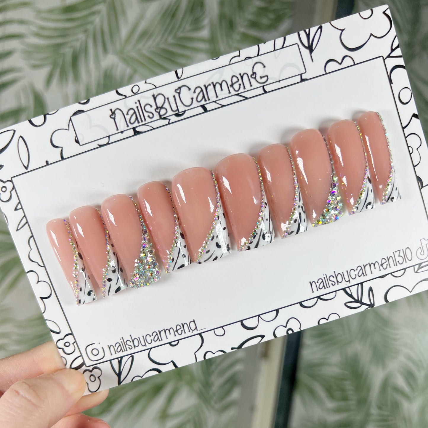 White black rhinestone French tip Acrylic Press on nails