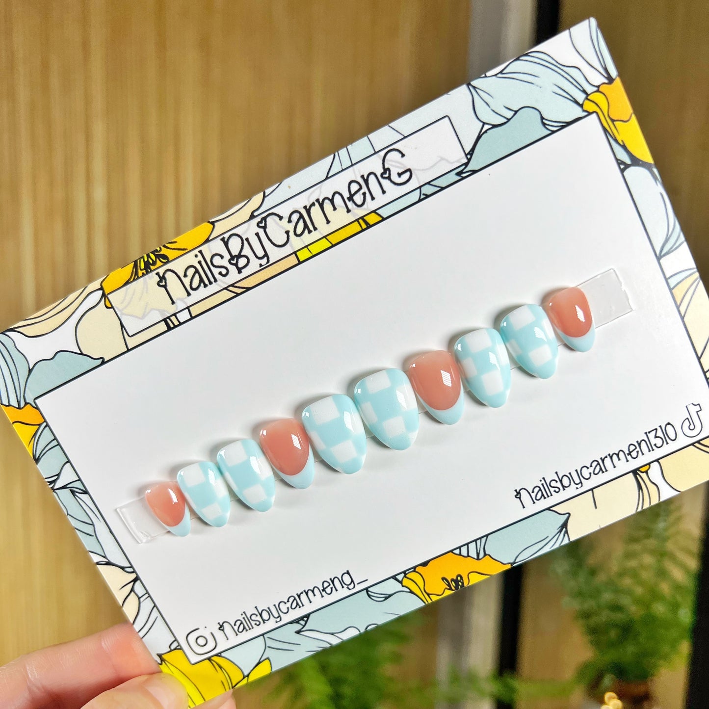 Blue checkered print French tip Acrylic Press on nails