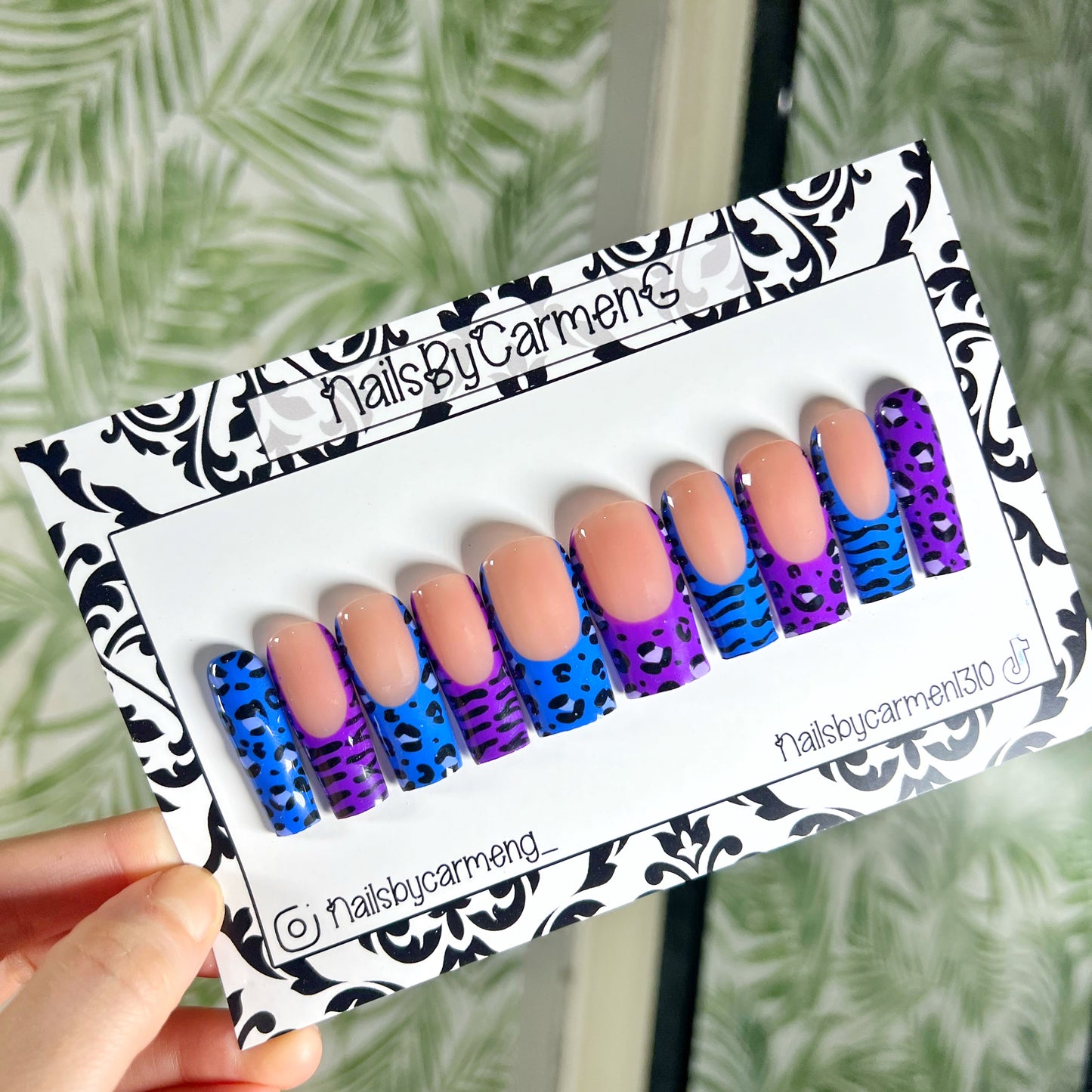Blue and purple animal print French Tip Acrylic Press on nails