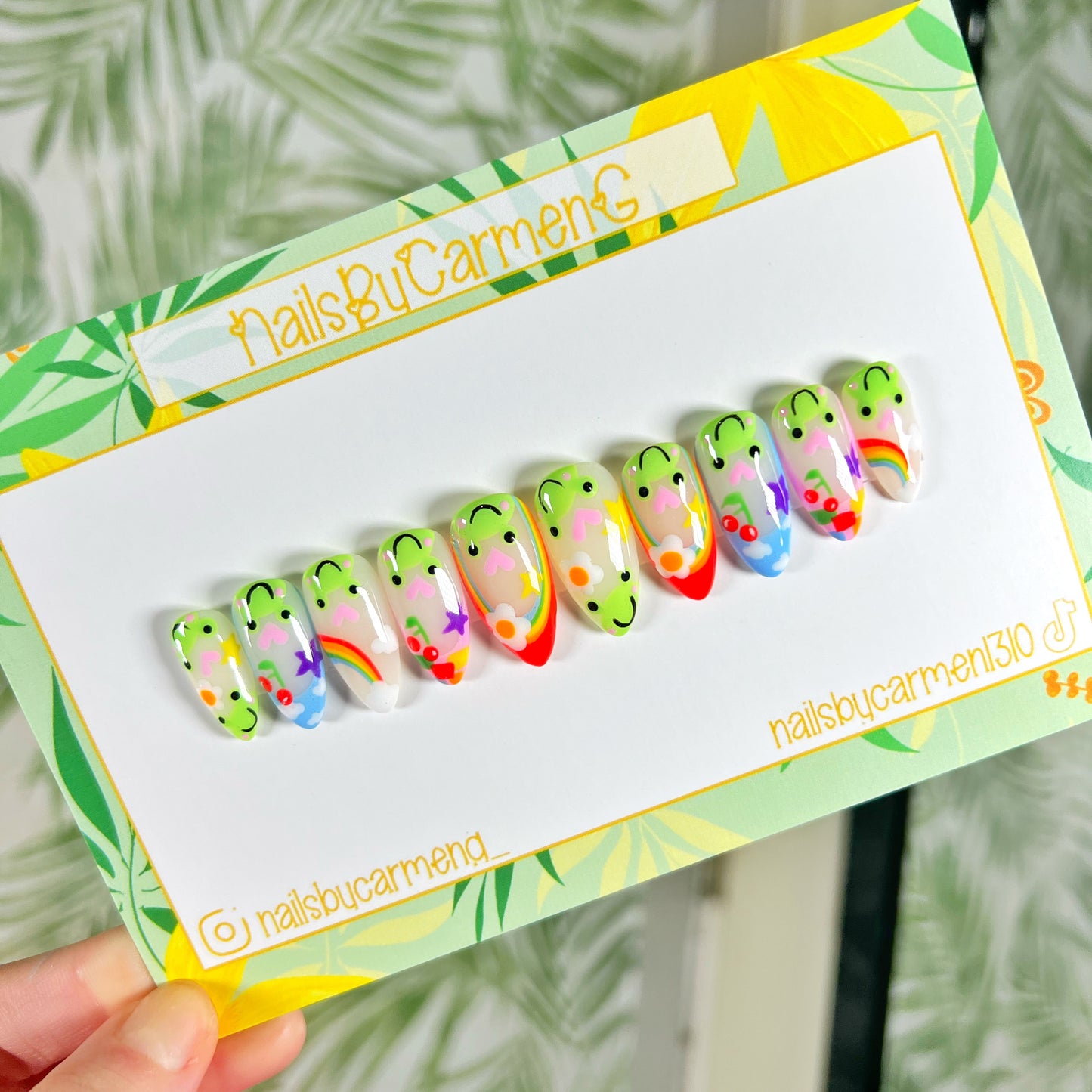 Rainbow Frogs French Tip Acrylic Press On Nails