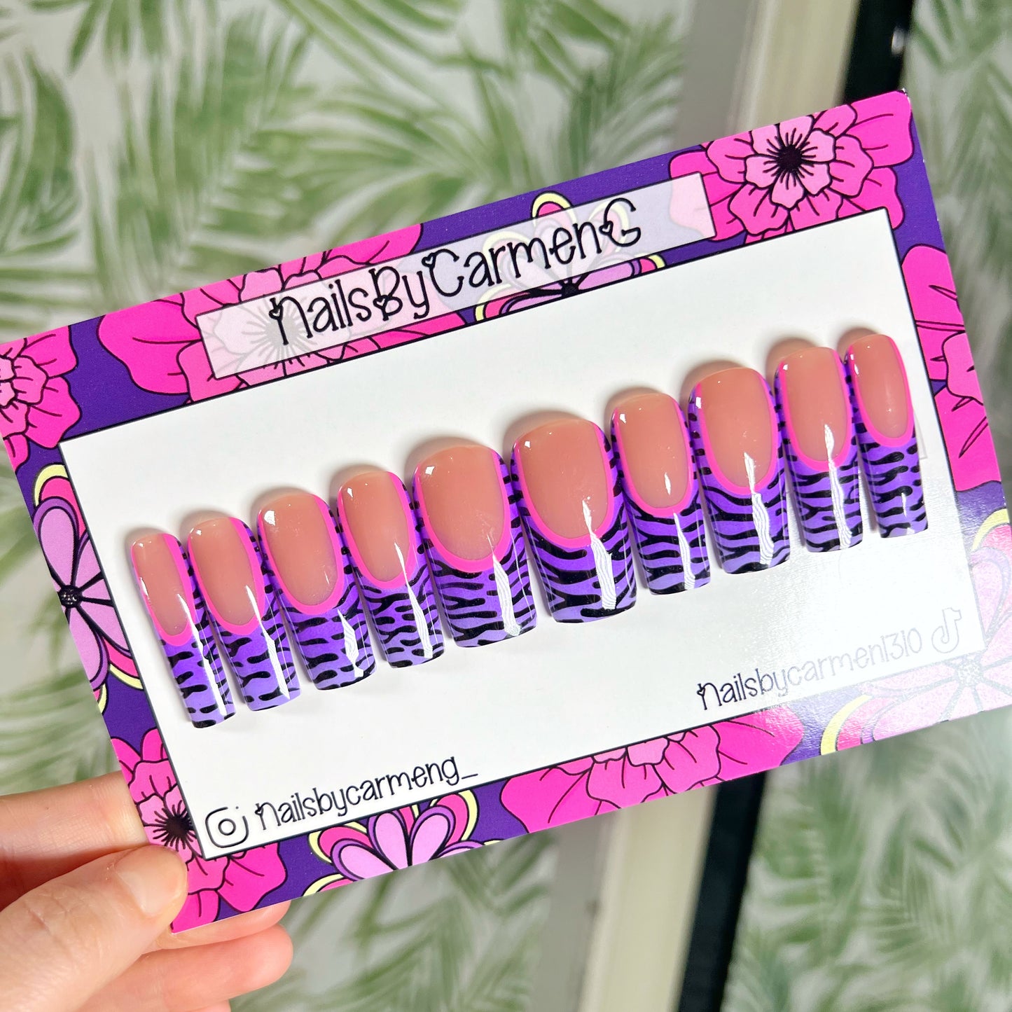 Purple ombré zebra print French tip Acrylic Press on nails