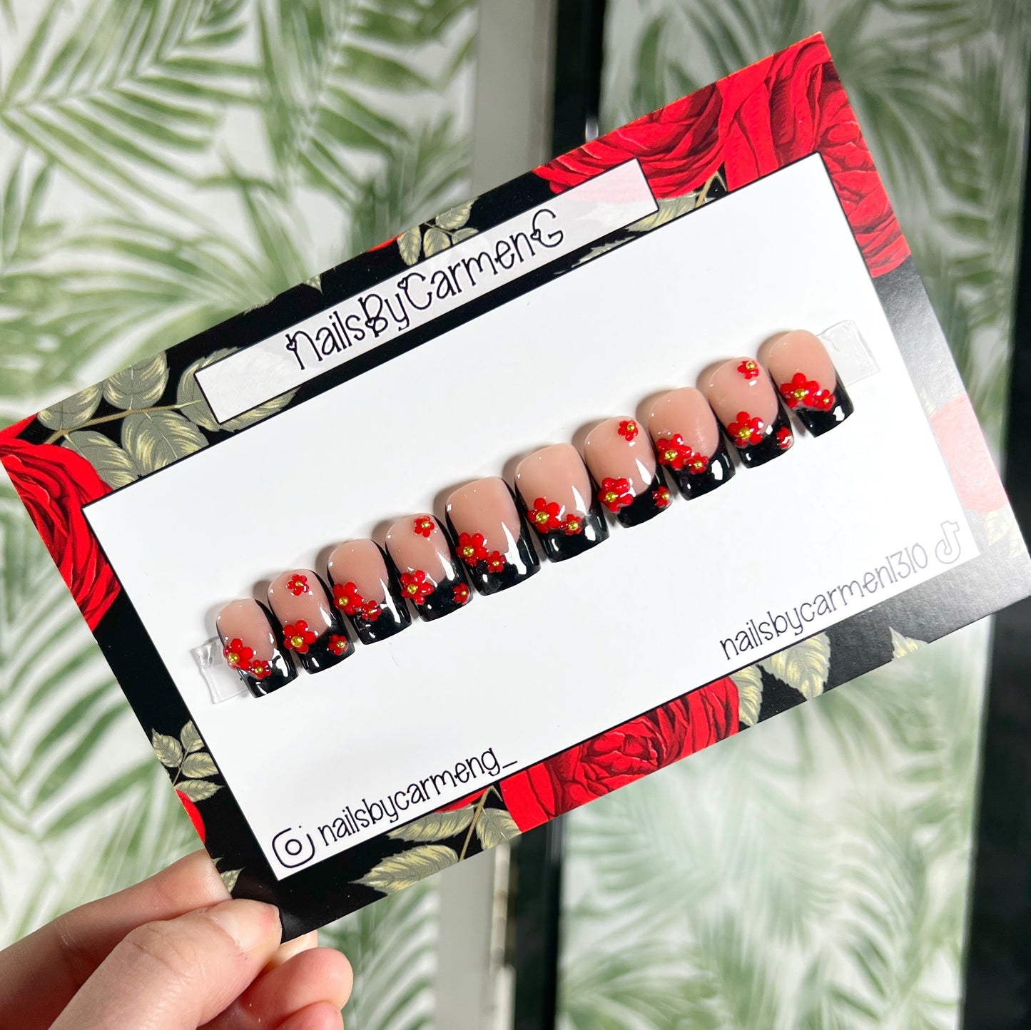 Black and Red Flower Charms Acrylic Press on nails