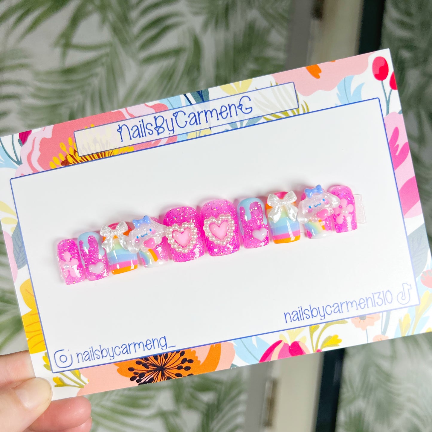Cinnamo bows and pearls charms Acrylic Press on nails