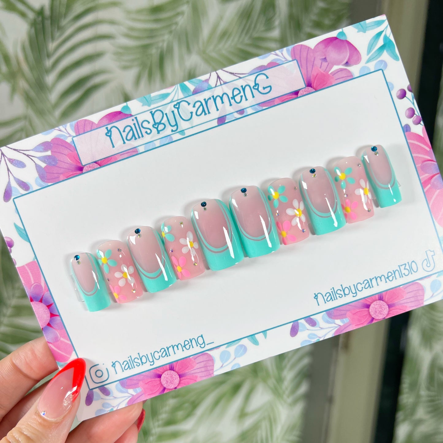 Teal flower french tip Acrylic Press on nails
