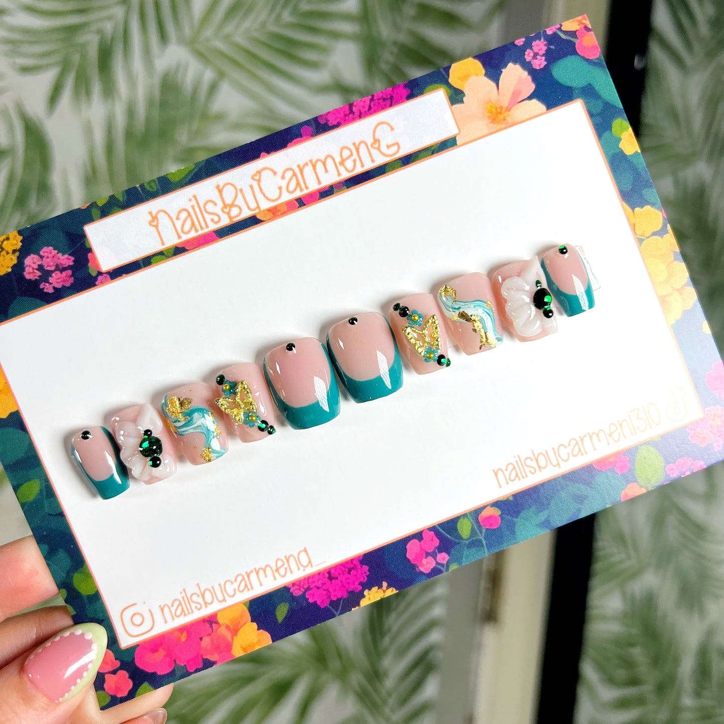 Green marble 3D flower Acrylic Press on nails