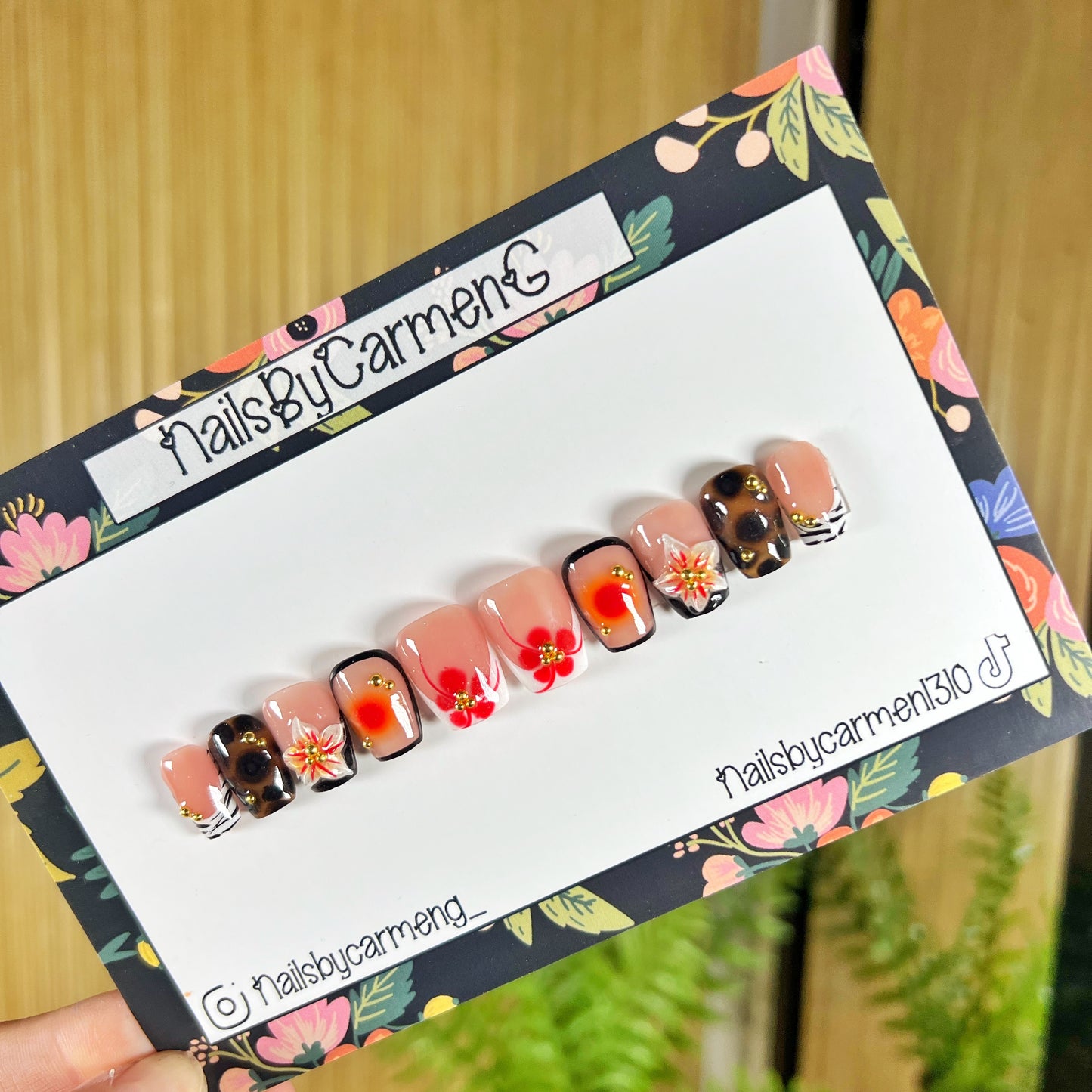 Red floral tortoise Acrylic Press on nails