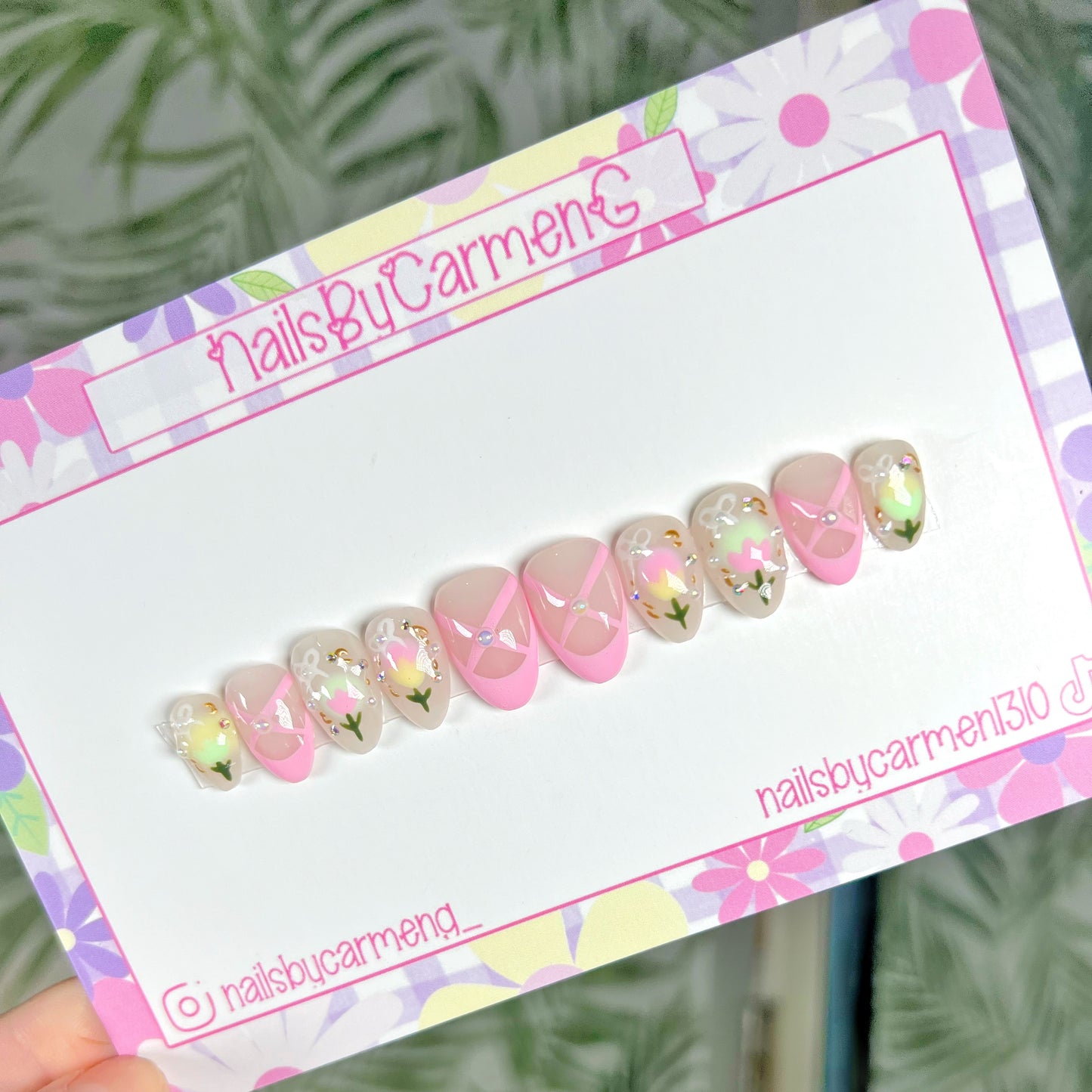 Pink Ballerina French tip and tulips Acrylic Press on nails