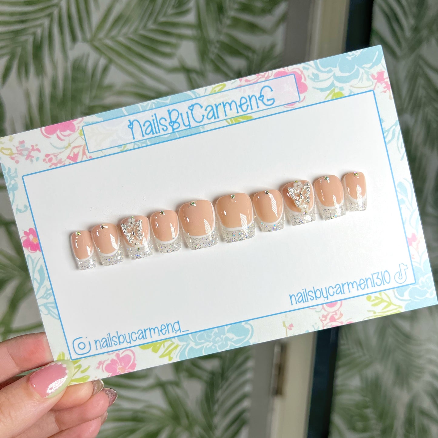 Holographic glitter French tip with butterfly charm Acrylic Press on nails