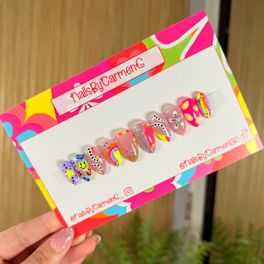 Retro neon spring smiles  Acrylic Press on nails