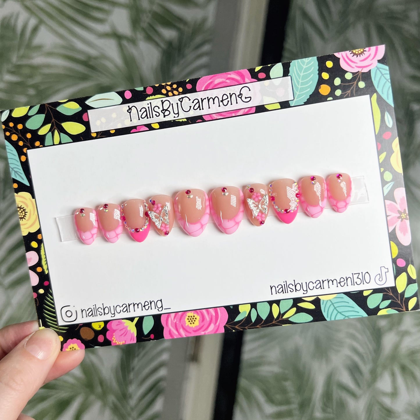 Pink Butterfly French tip Acrylic Press on nails