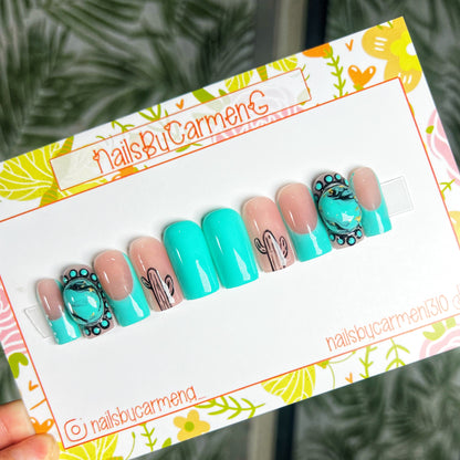 Teal turquoise stone western Acrylic Press on nails