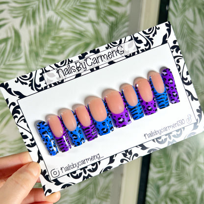 Blue and purple animal print French Tip Acrylic Press on nails