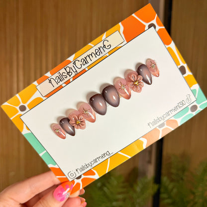 Brown 3d flower ombre Acrylic Press On Nails