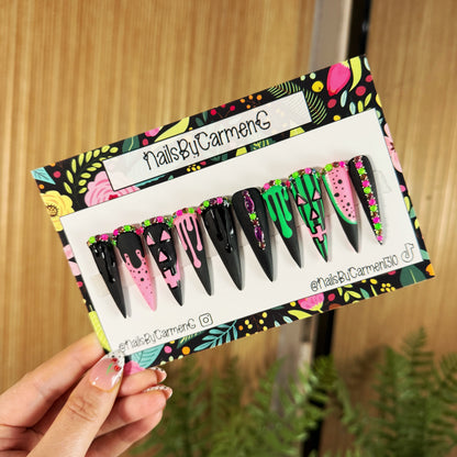 Pink and green pumpkin drip Acrylic Press on nails