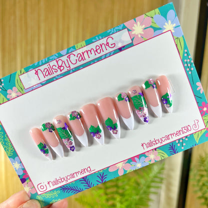 Butterfly and hibiscus French tip Acrylic Press on nails