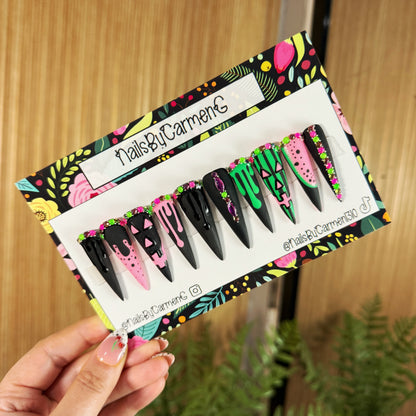 Pink and green pumpkin drip Acrylic Press on nails