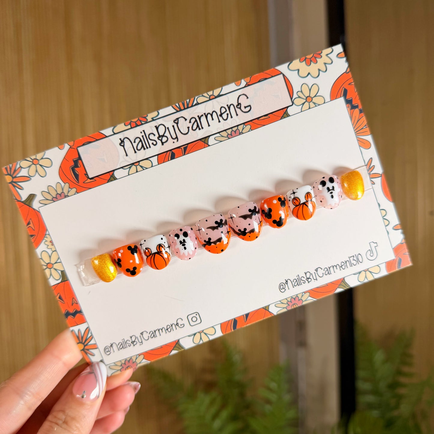 Orange and gold Mickey bats , ghosts and pumpkins Acrylic Press On Nails