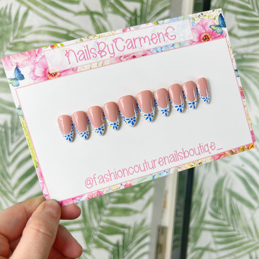 White French tip with blue flowers Acrylic Press on nails