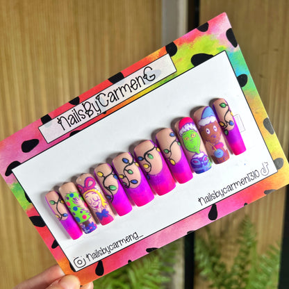 Glow in the dark lights pink Grinch  Acrylic Press on nails