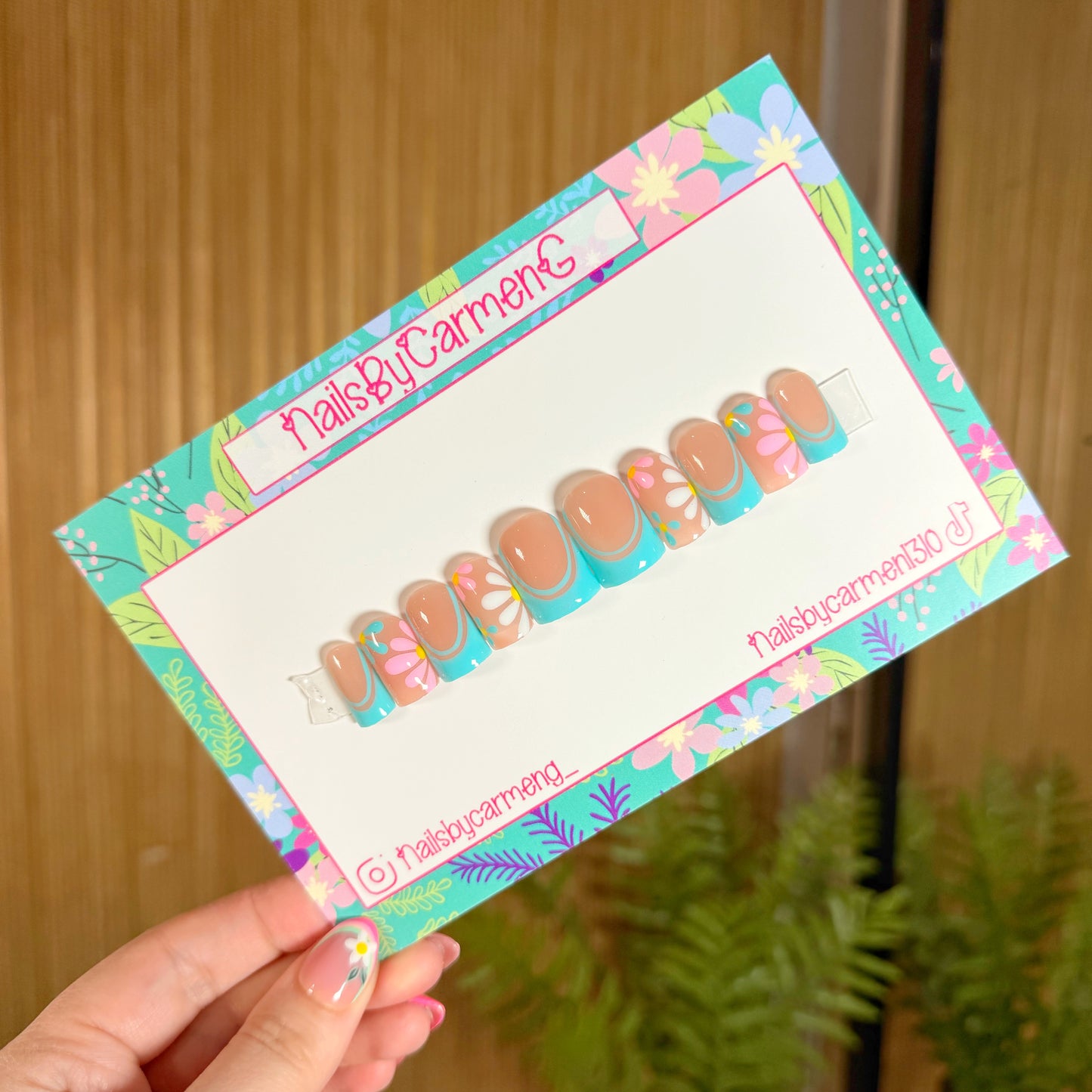 Teal French tip florals Acrylic Press on nails