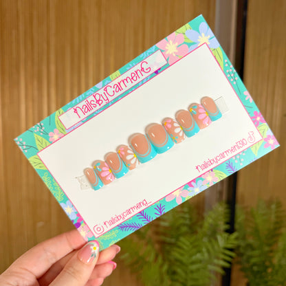 Teal French tip florals Acrylic Press on nails