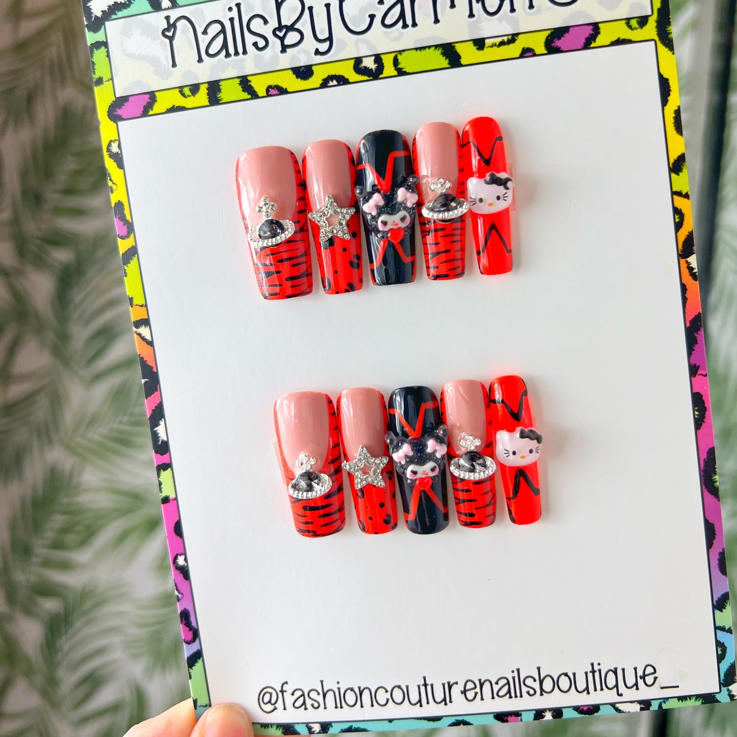 Red French tip with charms Acrylic Press on nails