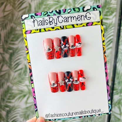 Red French tip with charms Acrylic Press on nails