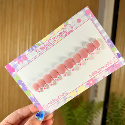Pink floral spring French tip Acrylic Press on nails