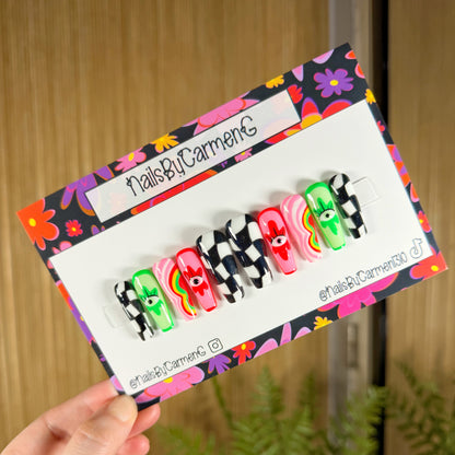 Evil eye flowers Checkered  Acrylic Press on nails