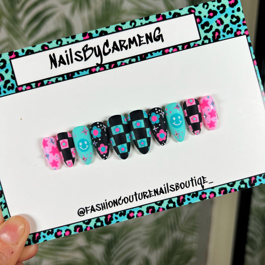 Teal and Pink Acrylic Press on nails