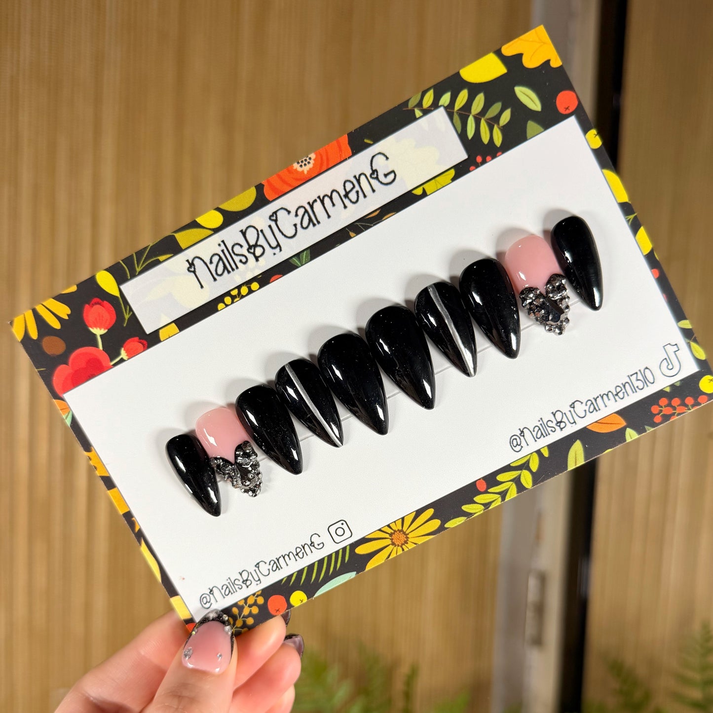 Black Metallic rhinestone heart French tip Acrylic Press on nails