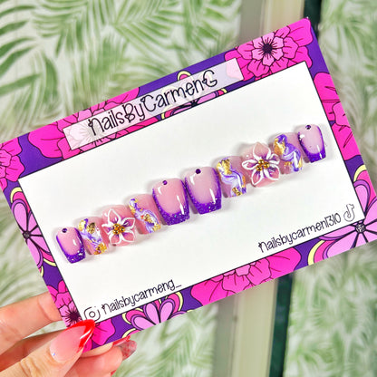 Purple glitter 3D flower Acrylic Press on nails