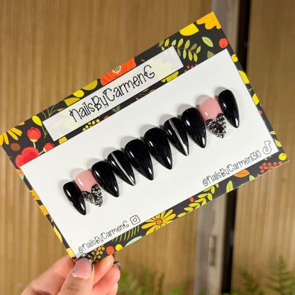 Black Metallic rhinestone heart French tip Acrylic Press on nails