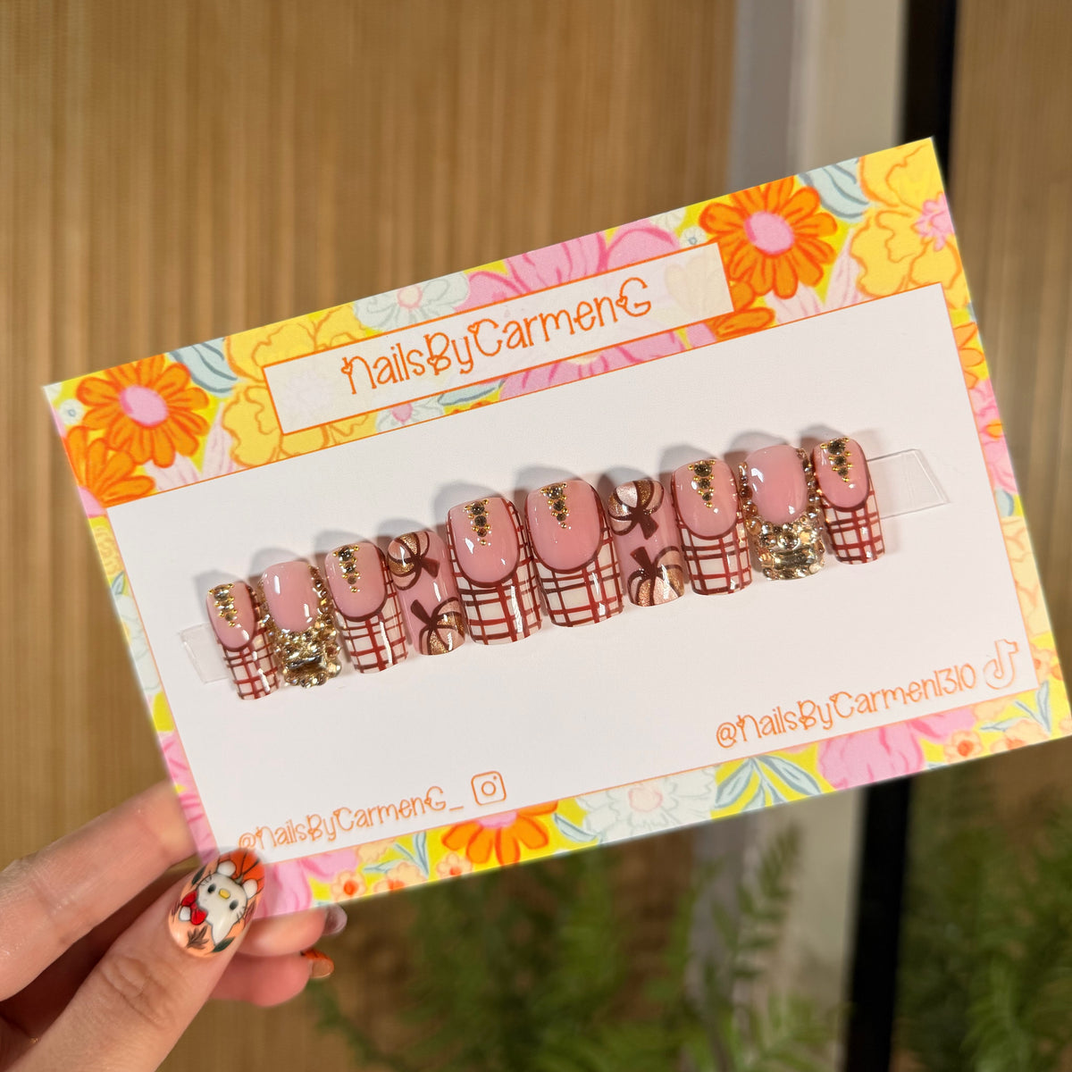 Plaid pumpkin Cat Eye Acrylic Press on nails